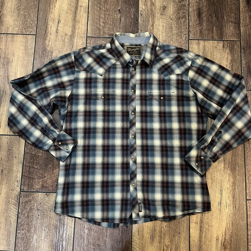 Wrangler Retro Shirt Men XXL Multicolor Plaid Cotton Pearl Snaps Pockets Cowboy